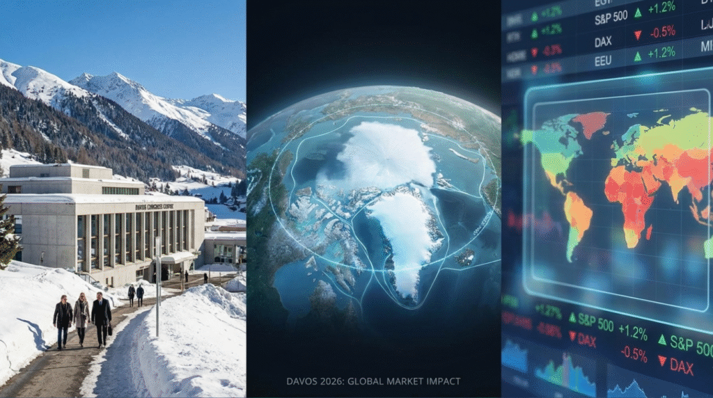 Digital composite showing the Davos 2026 summit background with global market stock tickers and an Arctic geopolitical map overlay.