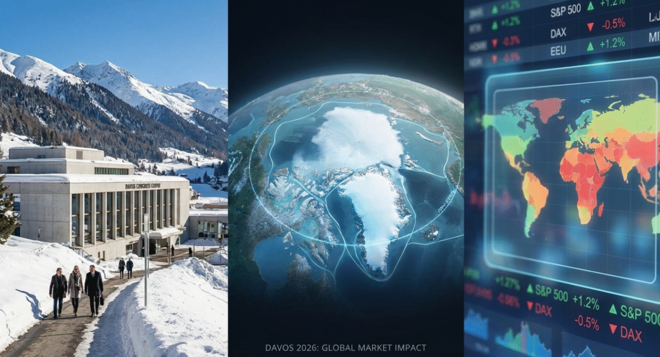 Digital composite showing the Davos 2026 summit background with global market stock tickers and an Arctic geopolitical map overlay.