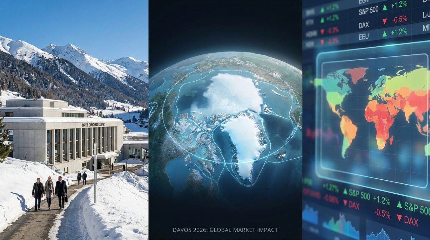 Digital composite showing the Davos 2026 summit background with global market stock tickers and an Arctic geopolitical map overlay.