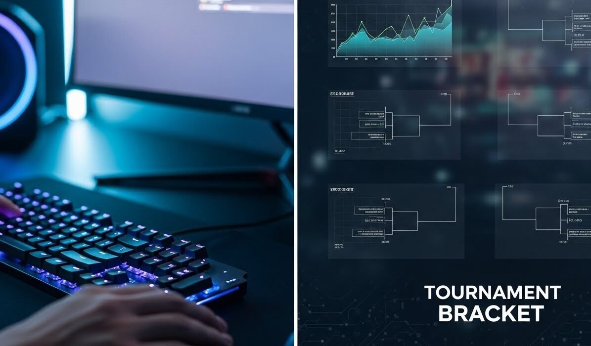 LCFGamevent competitive gaming dashboard showing tournament brackets and strategy guides.