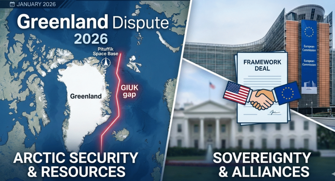 Map of the Arctic region showing Greenland’s strategic position relative to the US and Europe during the 2026 diplomatic crisis.