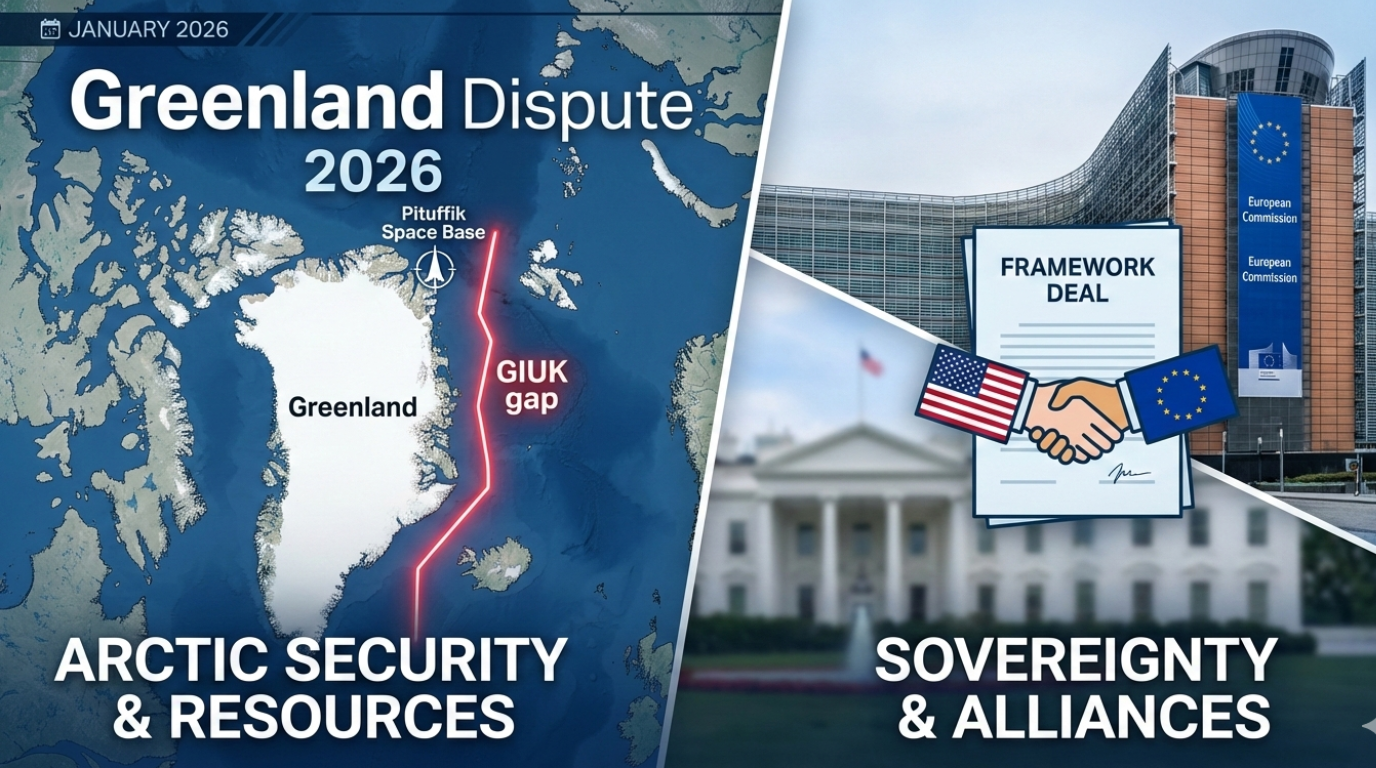 Map of the Arctic region showing Greenland’s strategic position relative to the US and Europe during the 2026 diplomatic crisis.
