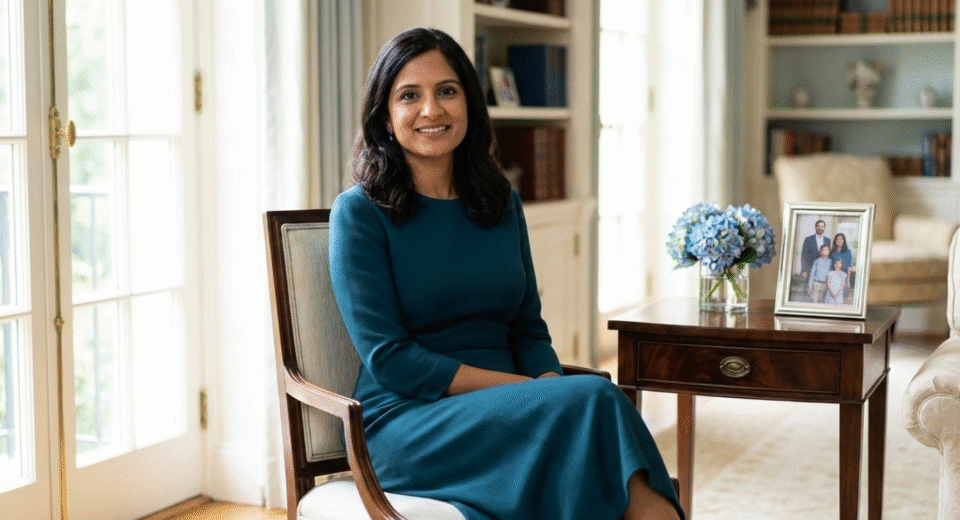 Second Lady Usha Vance smiling in a sunlit room at the Vice President's residence following her historic 2026 baby announcement.