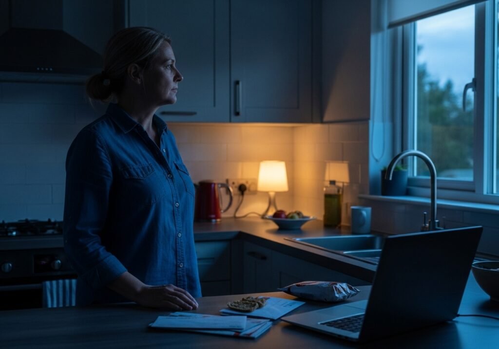 A contemplative middle-aged individual standing alone in a kitchen at night, reflecting the emotional weight and quiet burnout of modern American adulthood.