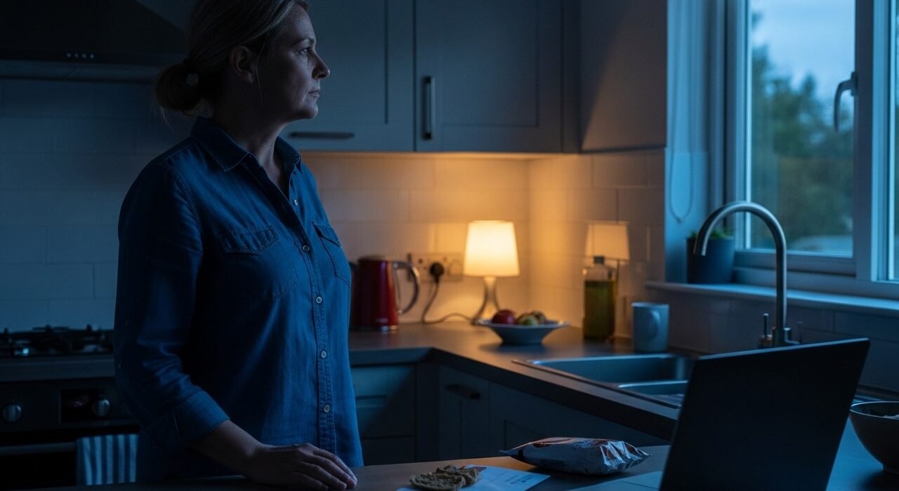 A contemplative middle-aged individual standing alone in a kitchen at night, reflecting the emotional weight and quiet burnout of modern American adulthood.