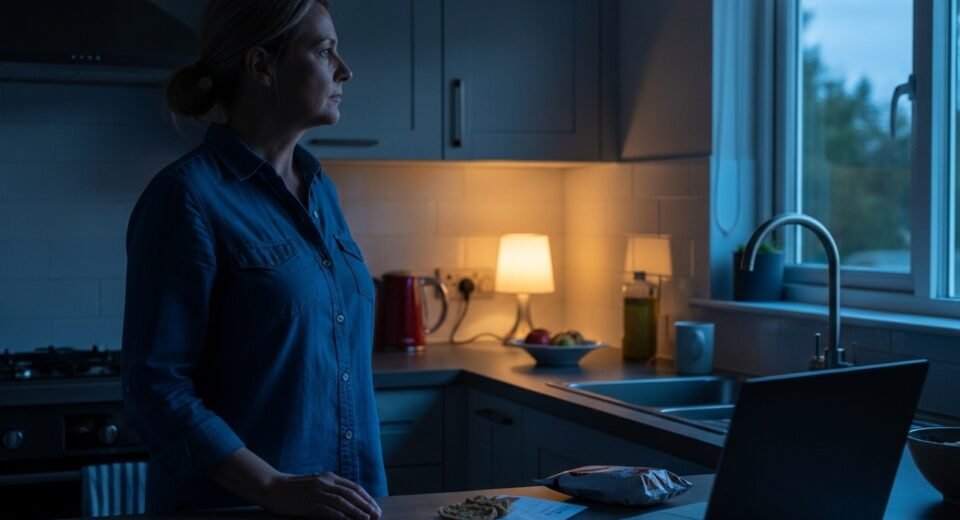 A contemplative middle-aged individual standing alone in a kitchen at night, reflecting the emotional weight and quiet burnout of modern American adulthood.