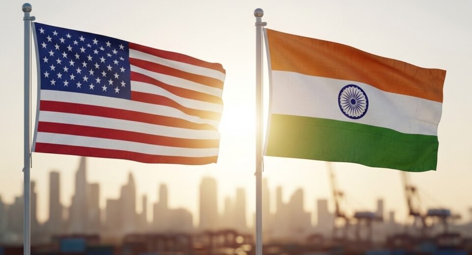 Flags of the United States and India side by side in front of a blurred city skyline or trade port.
