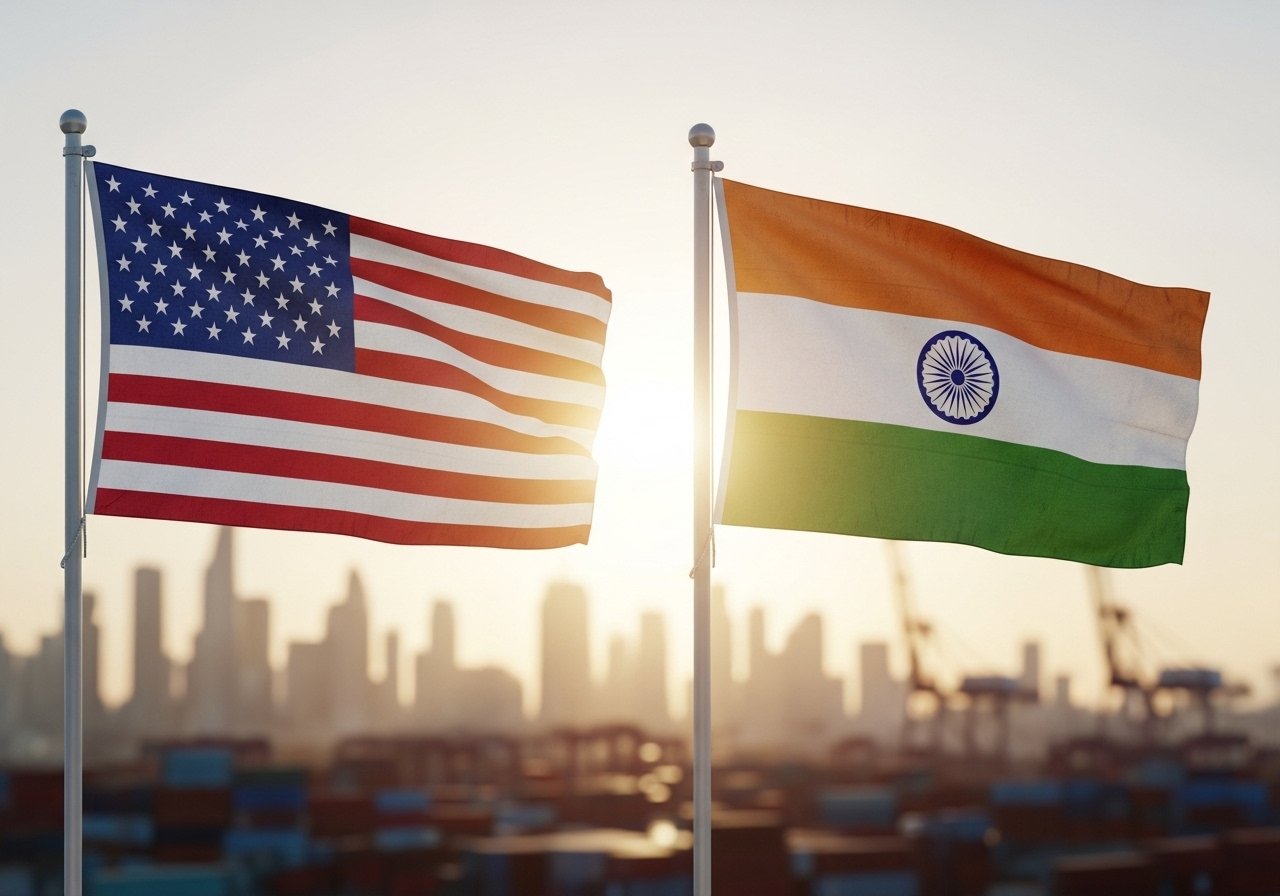 Flags of the United States and India side by side in front of a blurred city skyline or trade port.