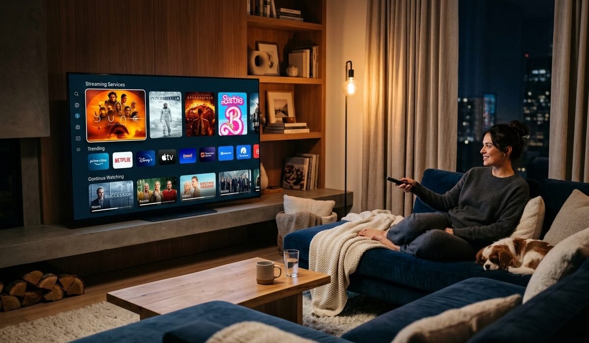 A person relaxing in a dimly lit, modern living room watching a vibrant movie streaming interface on a high-definition 4K TV.