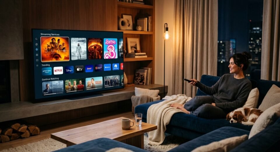 A person relaxing in a dimly lit, modern living room watching a vibrant movie streaming interface on a high-definition 4K TV.