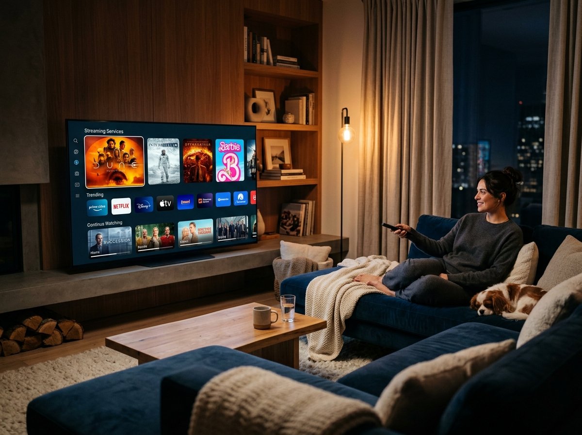 A person relaxing in a dimly lit, modern living room watching a vibrant movie streaming interface on a high-definition 4K TV.