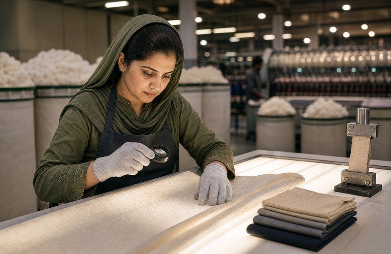 Pakistani quality professional inspecting textile fabric