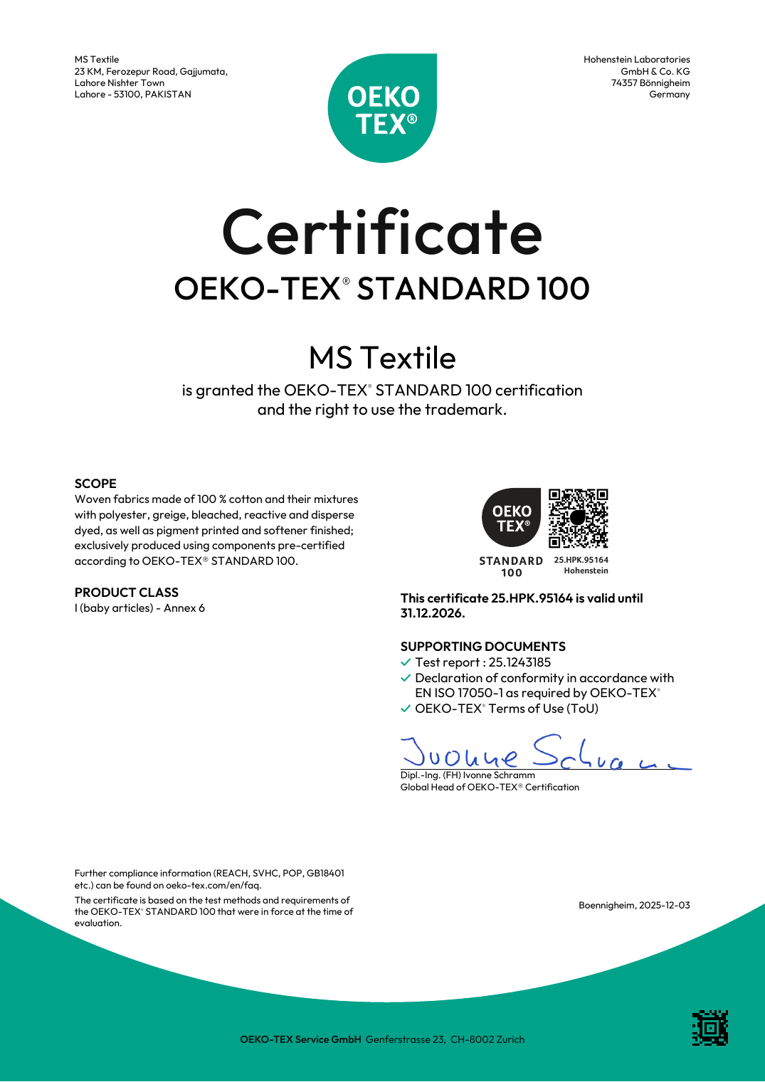 OEKO-TEX STANDARD 100 certificate for MS Textile