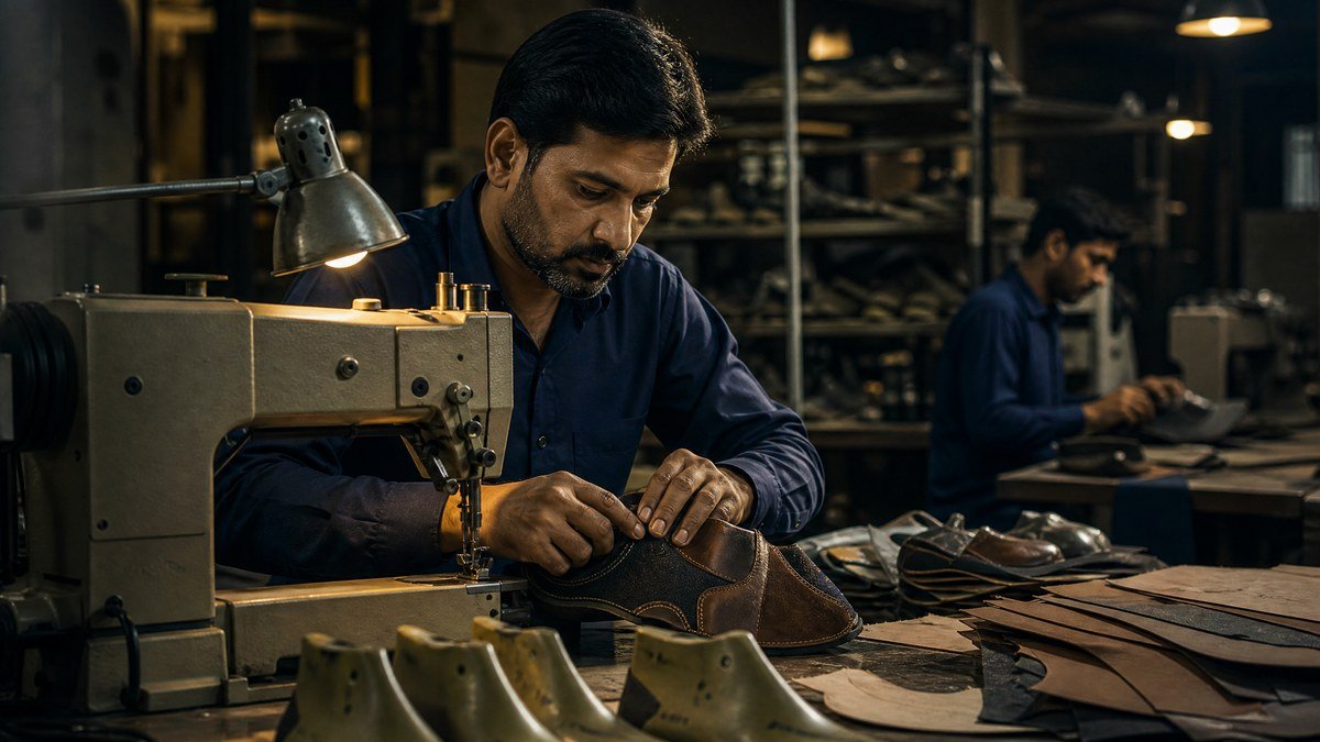 Pakistani footwear craftsperson stitching a shoe upper