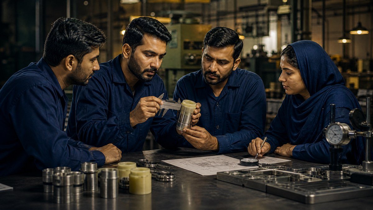 Pakistani engineers inspecting a manufactured component