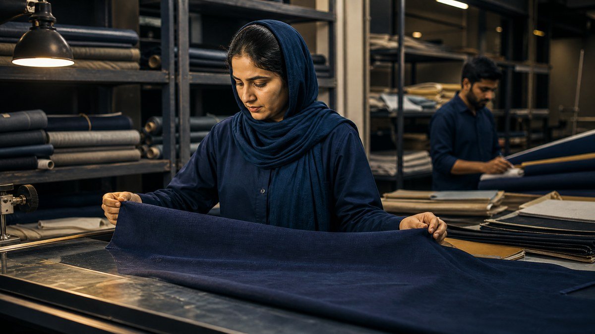 Pakistani textile quality inspector checking fabric shade and finish